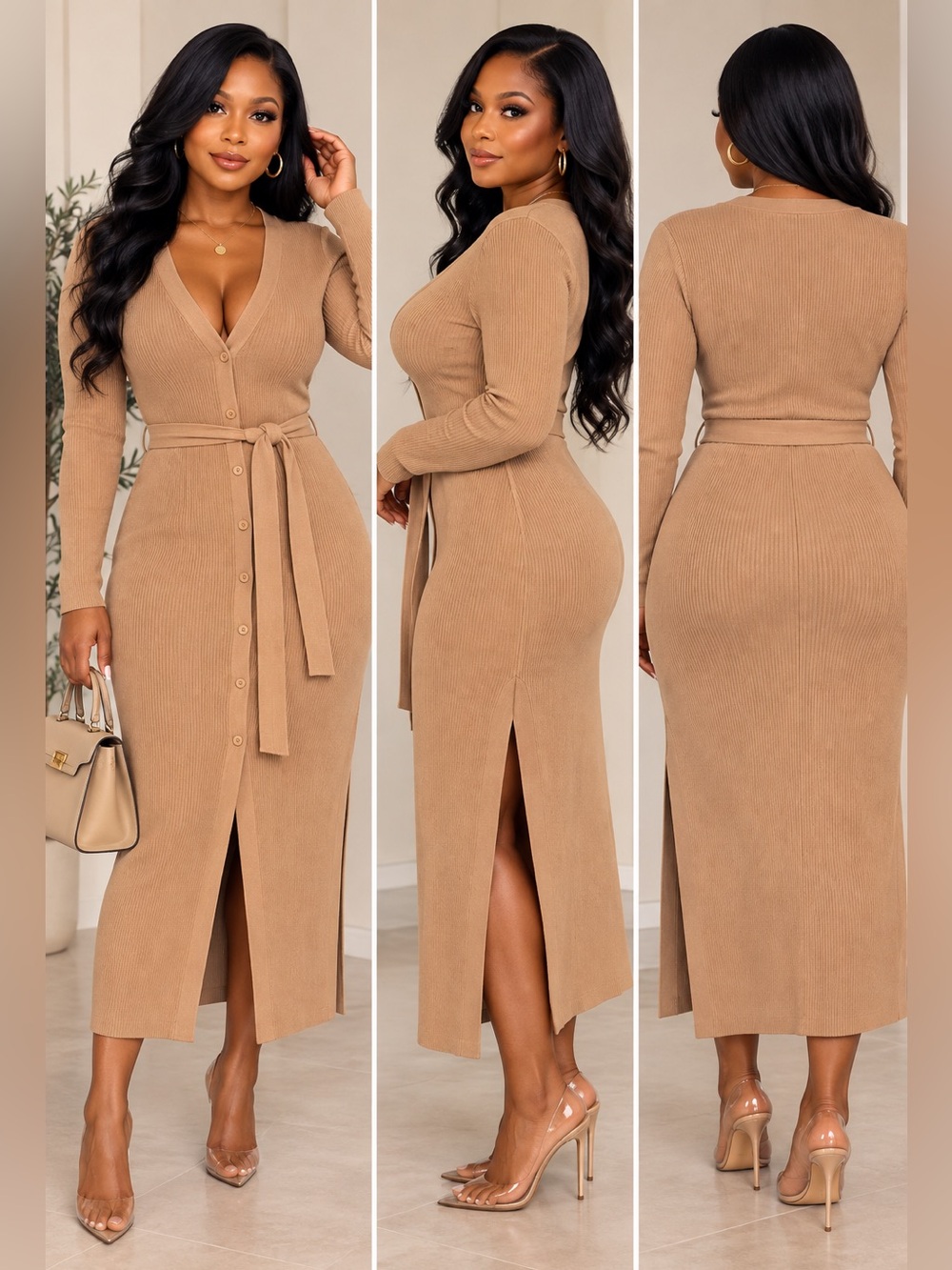 Lucky Brand Ribbed Maxi Sweater Dress in Camel with Tie Belt🥯